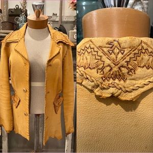 Vtg BUCKSKIN LEATHER Jacket PYROGRAPHY THUNDERBIRD Whipstitch FESTIVAL East West